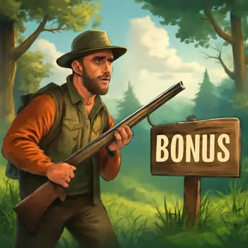 Изображение, представляющее стратегию бонусхантинга в онлайн-казино: охотник в лесу с ружьём, ищущий бонусы, символизируя поиск и использование крупных бонусов в казино
